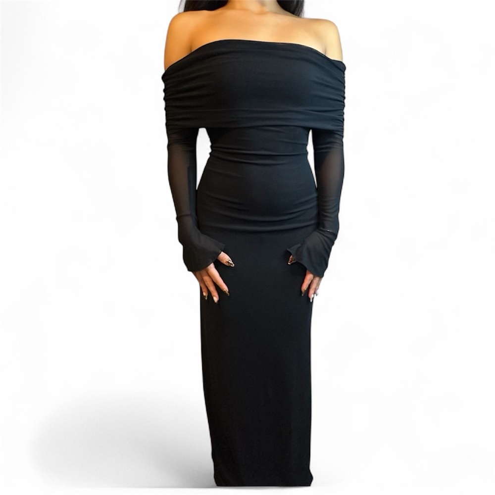 Meshki Black Off-Shoulder Long Sleeve Dress